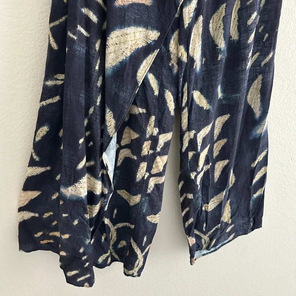 Soft Surroundings Velora Wrap Pants 10 Blue Abstract Feather Wide‎ Leg Linen Bl